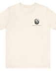 front view of natural colored fabric patriotic shirt with American flag background and the preamble of the united states constitution on the back pf shirt, front of shirt has americantees.us logo
