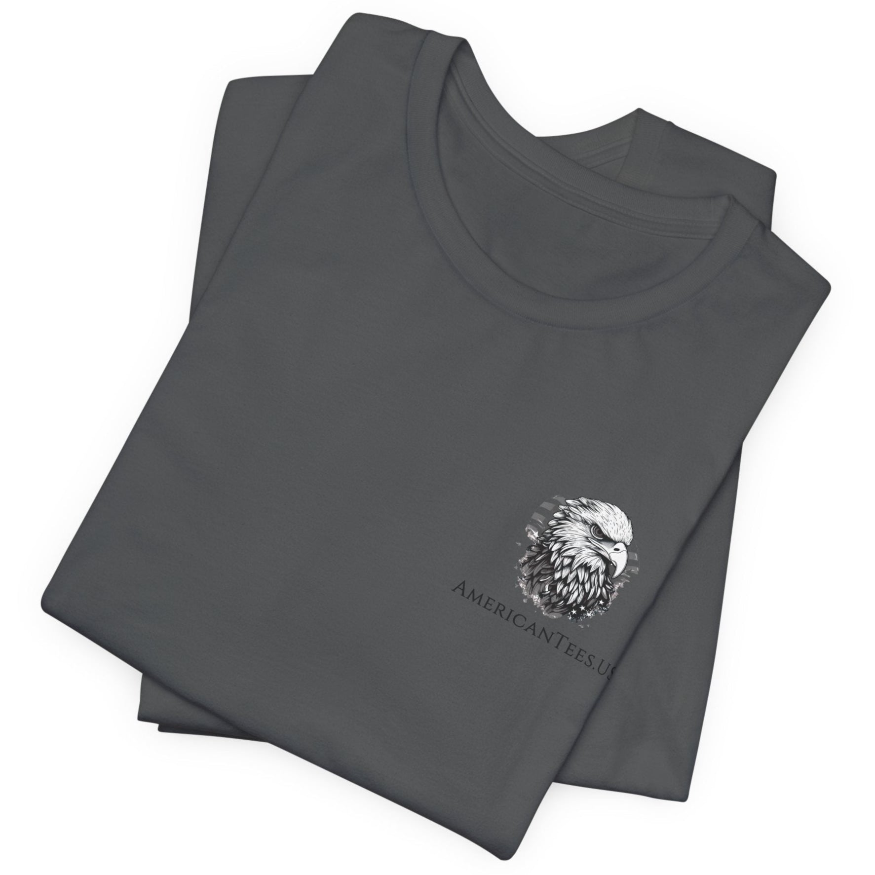 patriotic shirt folded view black color fabric tee logo with eagle on front, american flag on shield with scrollwork, Domus Fortium, home of the brave motto