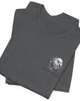 patriotic shirt folded view black color fabric tee logo with eagle on front, american flag on shield with scrollwork, Domus Fortium, home of the brave motto