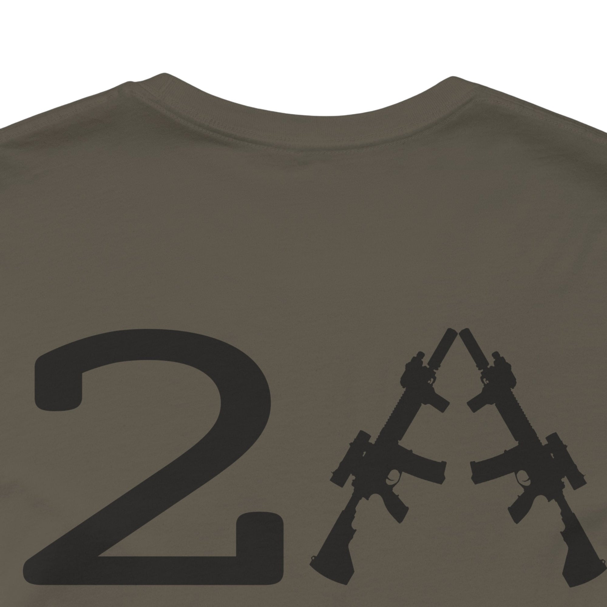 rear view closeup of a patriotic army green colored fabric shirt with americantees.us logo on front and 2A on the back with stacked rifles forming the A