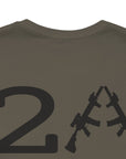 rear view closeup of a patriotic army green colored fabric shirt with americantees.us logo on front and 2A on the back with stacked rifles forming the A