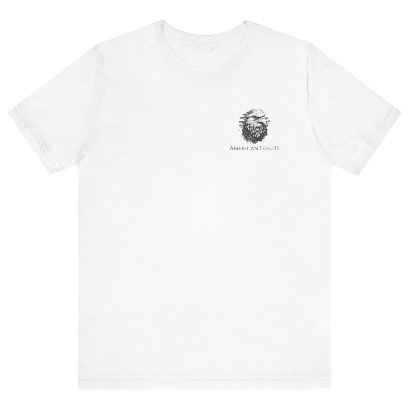 Patriotic Shirts Libertas Semper Eagle Flag Tee flat lay, white featuring an eagle and American flag with scrollwork on a unisex 100% cotton shirt, ideal for American pride