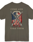 rear view of patriotic shirt army green color fabric tee with logo on front and american flag with liberty bell and crossed rifles on back, motto that states Come and Take Them and molon labe on scroll
