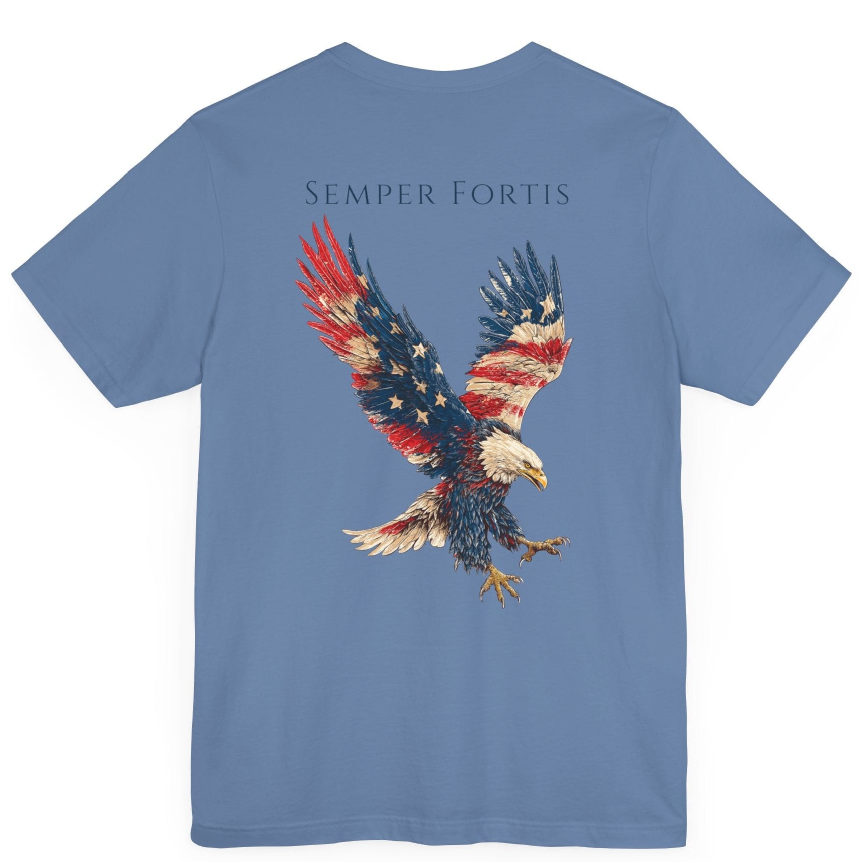 Semper Fortis Patriotic Shirt with Eagle Flag Design, American, lavender blue color shirt, back view
