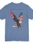 Semper Fortis Patriotic Shirt with Eagle Flag Design, American, lavender blue color shirt, back view