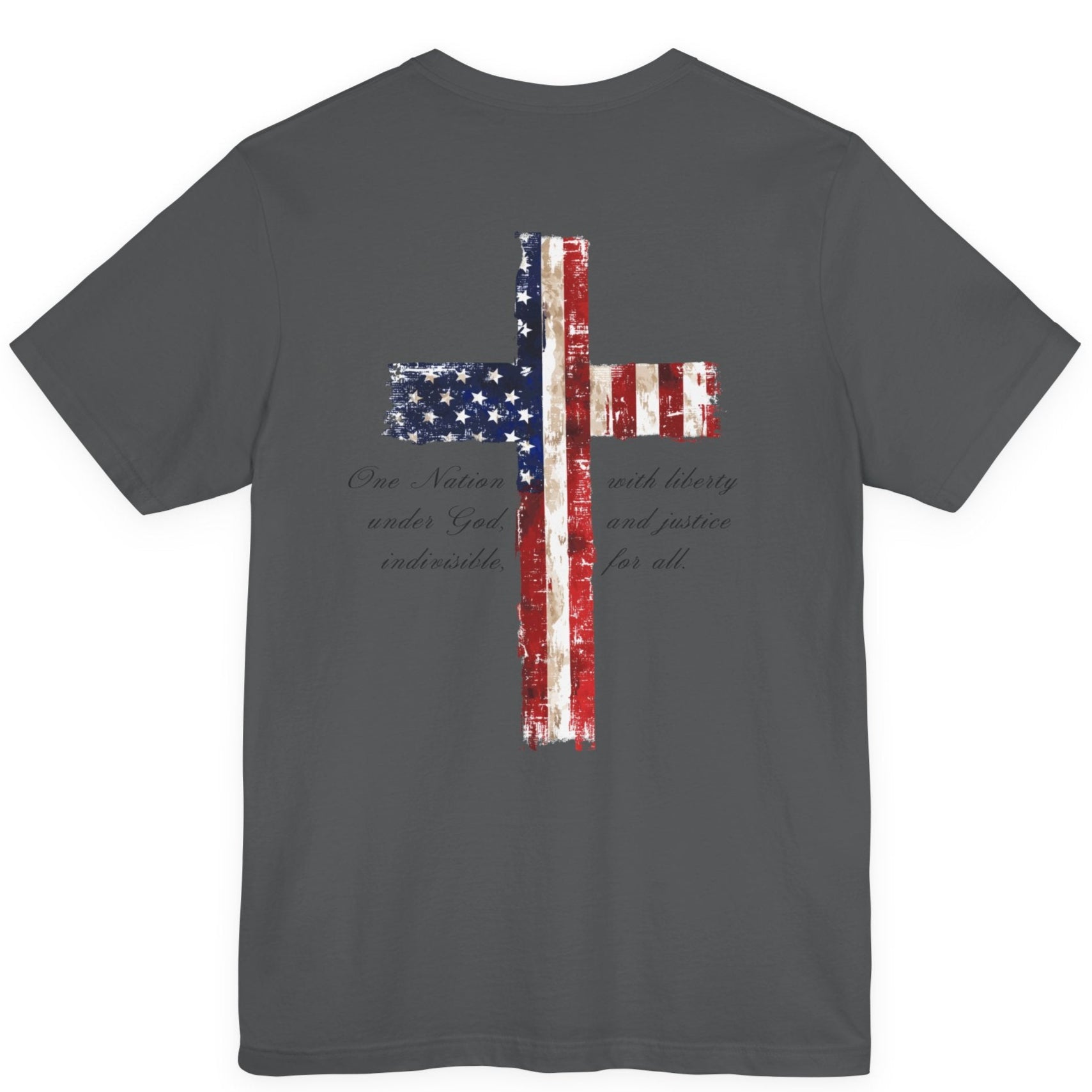 rear view of an asphalt colored fabric patriotic shirt with americantees.us logo on front and American flag in shape of a Christian cross with pledge of allegiance surrounding image on back