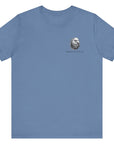 front view of patriotic shirt lavender blue color fabric tee with logo on front and american flag with liberty bell and crossed rifles on back, motto that states Come and Take Them and molon labe on scroll