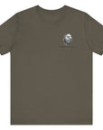 front view of army green colored fabric patriotic shirt with American flag background and the preamble of the united states constitution on the back pf shirt, front of shirt has americantees.us logo
