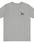 patriotic shirt front view athletic heather color fabric logo on front graphic on back with minuteman soldier and phrase rebellion is our heritage, American t-shirt