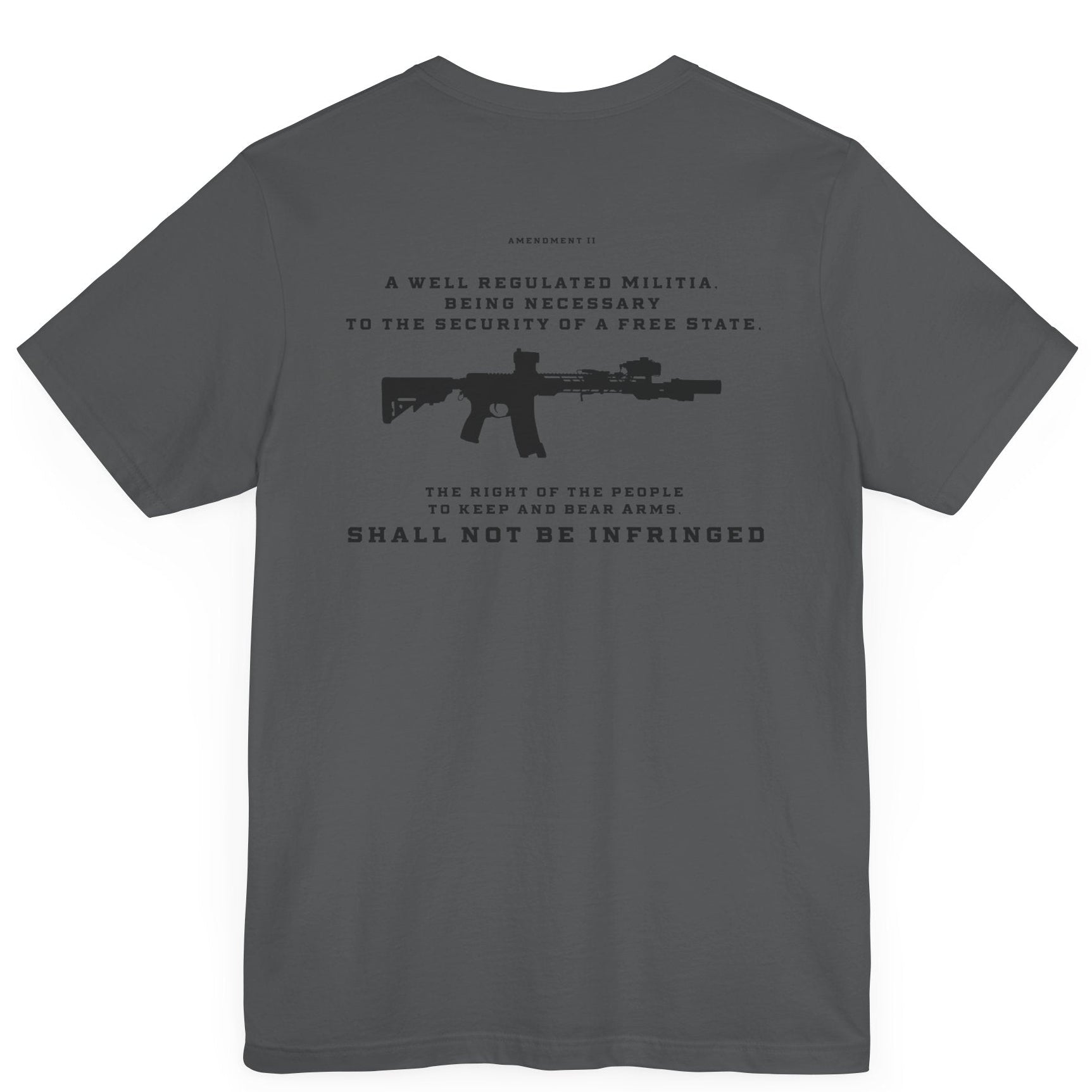 Second Amendment Patriotic Shirt with Rifle and Text Design, bill of rights, asphalt colored shirt, rear view