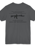 Second Amendment Patriotic Shirt with Rifle and Text Design, bill of rights, asphalt colored shirt, rear view