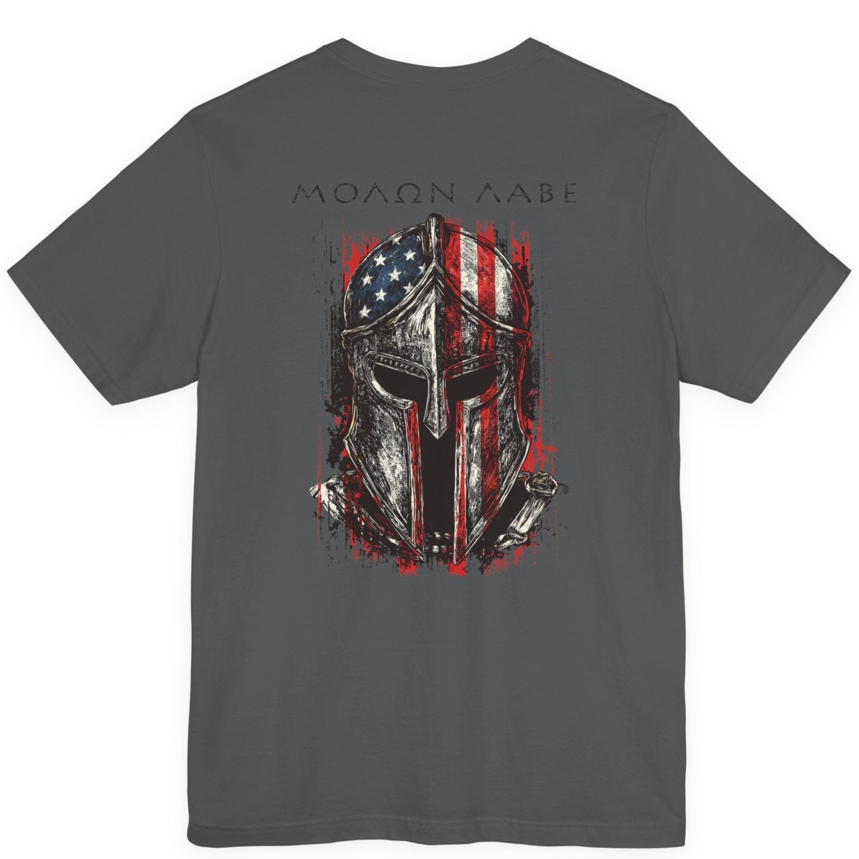 rear view asphalt color fabric tee with americantees.us logo on front with spartan helmet covered with american flag and motto molon labe patriotic shirt