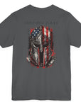 rear view asphalt color fabric tee with americantees.us logo on front with spartan helmet covered with american flag and motto molon labe patriotic shirt
