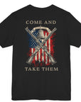 rear view of patriotic shirt black color fabric tee with logo on front and american flag with liberty bell and crossed rifles on back, motto that states Come and Take Them and molon labe on scroll