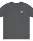 front view of patriotic shirt asphalt color fabric tee with logo on front and american flag with liberty bell and crossed rifles on back, motto that states Come and Take Them and molon labe on scroll