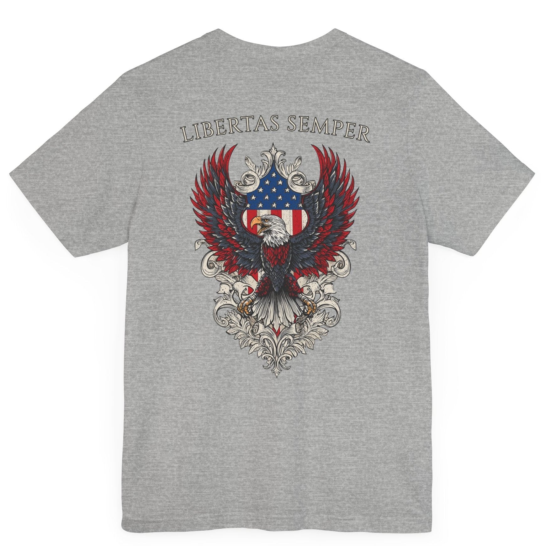 Patriotic Shirts Libertas Semper Eagle Flag Tee flat lay, athletic heather back view featuring an eagle and American flag with scrollwork on a unisex 100% cotton shirt, ideal for American pride