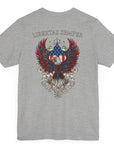 Patriotic Shirts Libertas Semper Eagle Flag Tee flat lay, athletic heather back view featuring an eagle and American flag with scrollwork on a unisex 100% cotton shirt, ideal for American pride