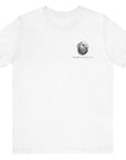 front view of patriotic shirt white color fabric tee with logo on front and american flag with liberty bell and crossed rifles on back, motto that states Come and Take Them and molon labe on scroll