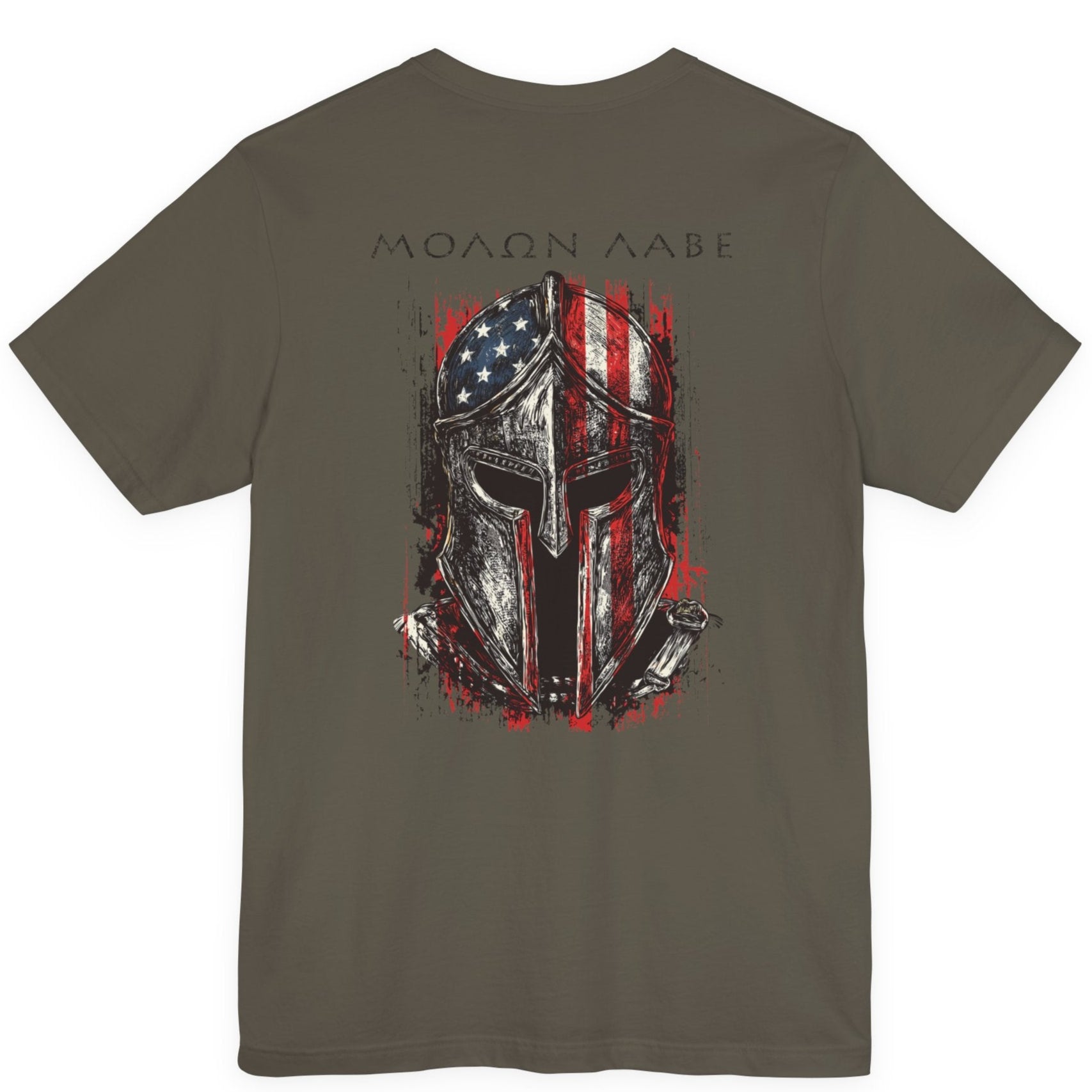 rear view army green color fabric tee with americantees.us logo on front with spartan helmet covered with american flag and motto molon labe patriotic shirt