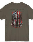 rear view army green color fabric tee with americantees.us logo on front with spartan helmet covered with american flag and motto molon labe patriotic shirt