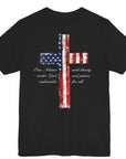 rear view of a black colored fabric patriotic shirt with americantees.us logo on front and American flag in shape of a Christian cross with pledge of allegiance surrounding image on back