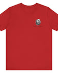 front view of a patriotic red colored fabric shirt with americantees.us logo on front and 2A on the back with stacked rifles forming the A