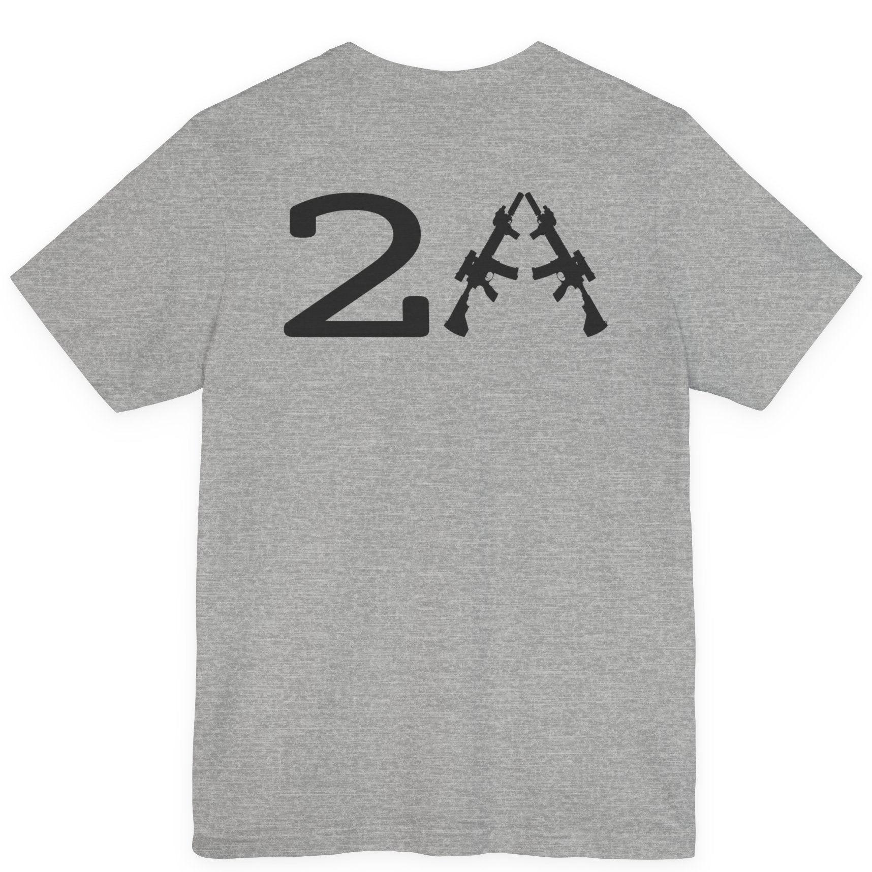 rear view of a patriotic a athletic heather colored fabric shirt with americantees.us logo on front and 2A on the back with stacked rifles forming the A