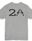 rear view of a patriotic a athletic heather colored fabric shirt with americantees.us logo on front and 2A on the back with stacked rifles forming the A