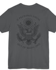 rear view of a asphalt colored fabric patriotic shirt with an americantees.us logo on front and the great seal of the united states on the back