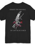 Back view of a black colored t-shirt with a graphic design of a rifle crossed with a quill fountain pen and an American flag ribbon, with the quote Defend the Republic by law or by force. Patriotic Shirts. logo design on front.
