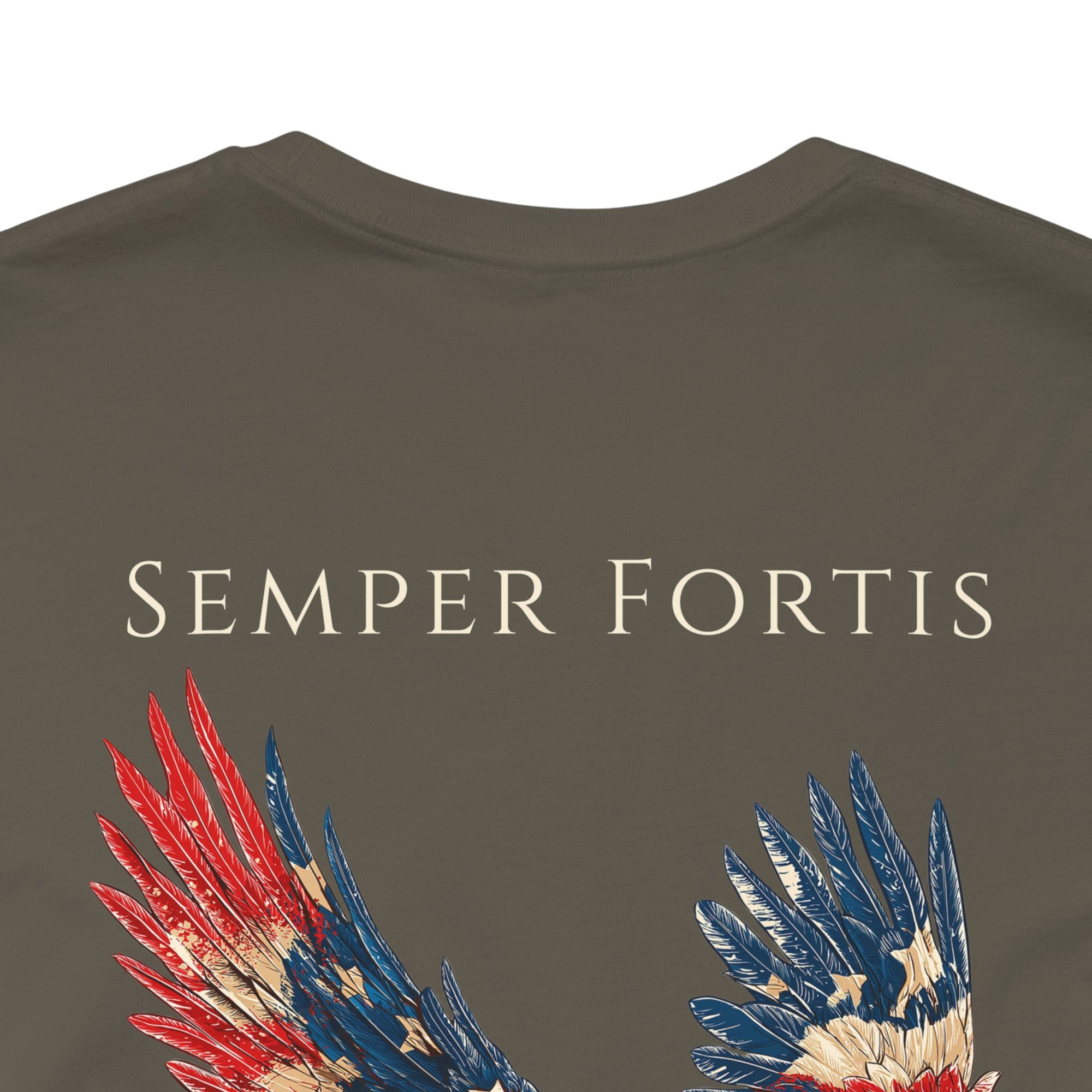 Semper Fortis Patriotic Shirt with Eagle Flag Design, American, army green color shirt, back view closeup