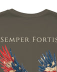 Semper Fortis Patriotic Shirt with Eagle Flag Design, American, army green color shirt, back view closeup