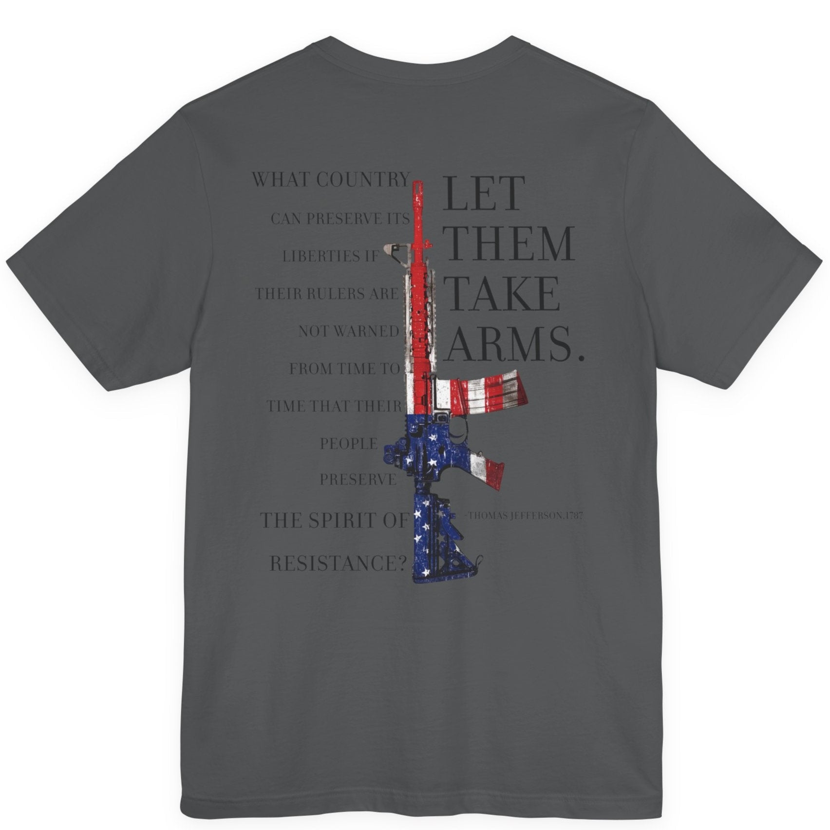 rear view of asphalt color fabric patriotic shirt with americantees.us logo on front and Thomas Jefferson quote on back.