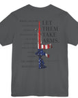 rear view of asphalt color fabric patriotic shirt with americantees.us logo on front and Thomas Jefferson quote on back.