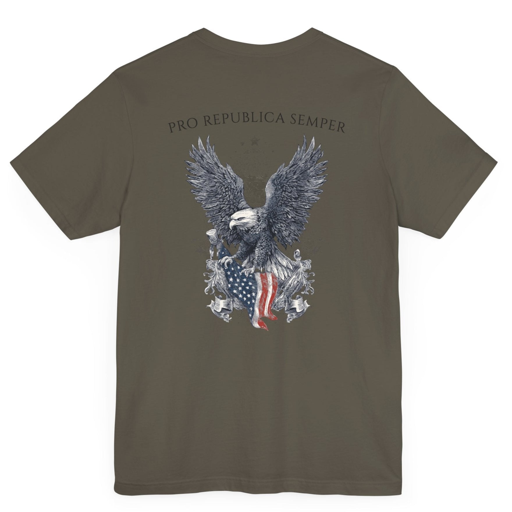 Patriotic Shirts Pro Libertas Semper Flag Eagle Tee, army green, back side, featuring a bold eagle clutching an American flag with scrollwork on a unisex 100% cotton shirt, ideal for American pride