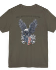 Patriotic Shirts Pro Libertas Semper Flag Eagle Tee, army green, back side, featuring a bold eagle clutching an American flag with scrollwork on a unisex 100% cotton shirt, ideal for American pride