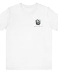 patriotic shirt front view white color fabric tee logo with eagle on front, american flag on shield with scrollwork, Domus Fortium, home of the brave motto