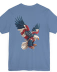 Bald eagle with American flag feathers on "Eagle of Valor" Patriotic Shirts, lavender blue color fabric, American Shirts design. rear view