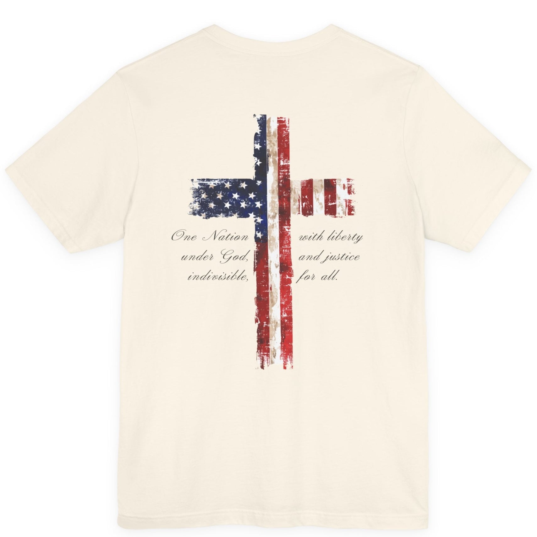 rear view of a natural colored fabric patriotic shirt with americantees.us logo on front and American flag in shape of a Christian cross with pledge of allegiance surrounding image on back