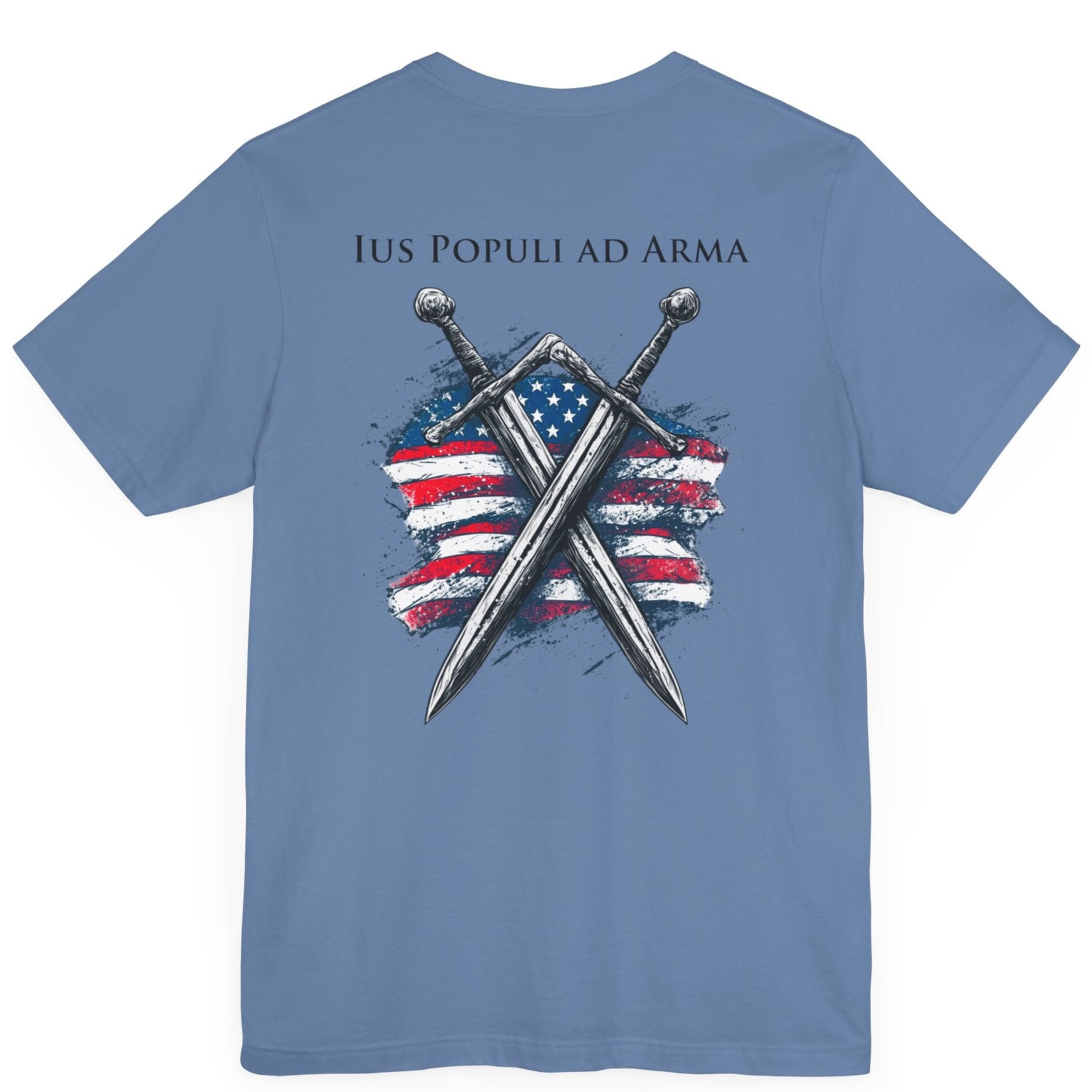 lavender blue colored t-shirt featuring two crossed swords in front of a full-color American flag graphic, with the text "Ius Populi ad Arma" in bold black font above. back view