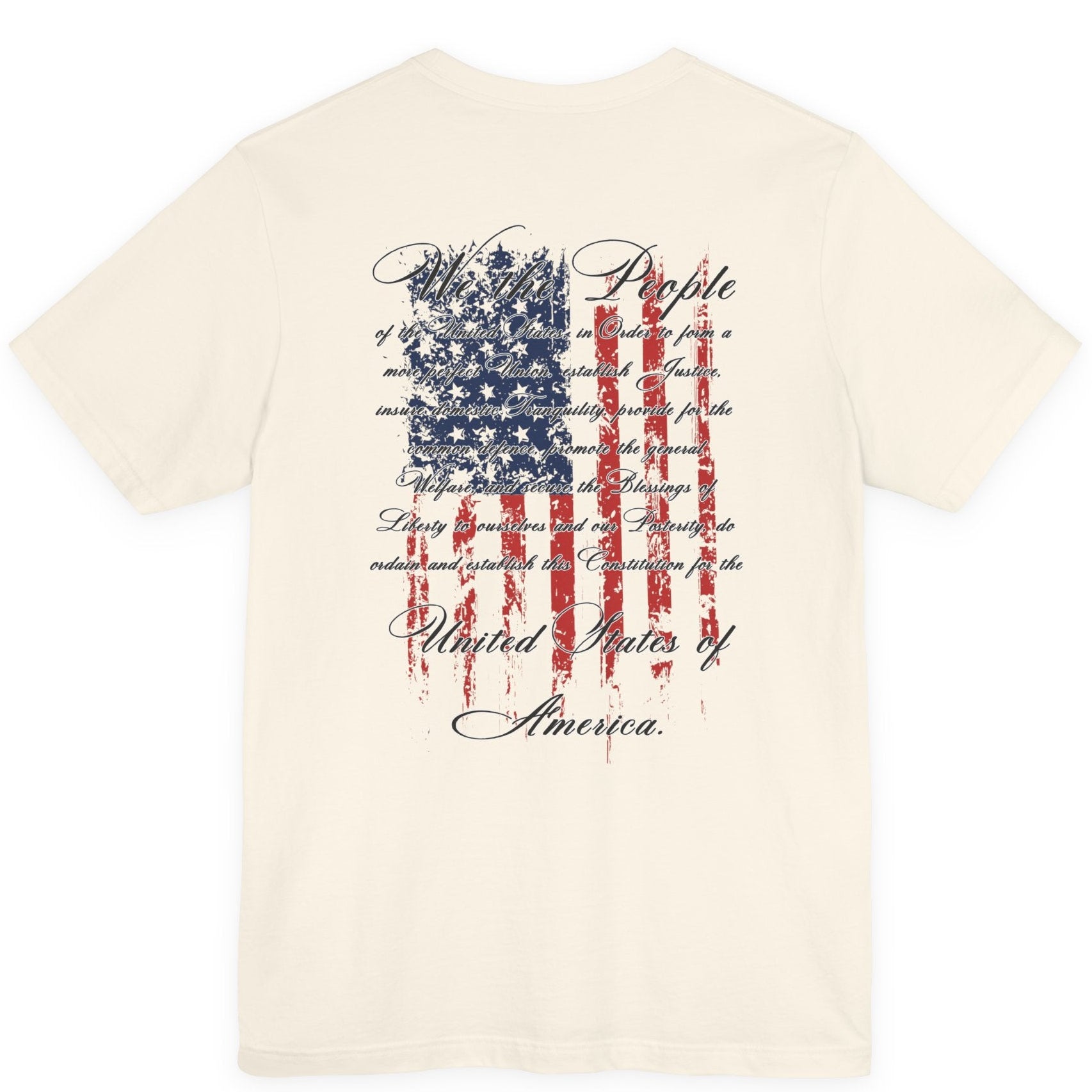 rear view of natural colored fabric patriotic shirt with American flag background and the preamble of the united states constitution on the back pf shirt, front of shirt has americantees.us logo