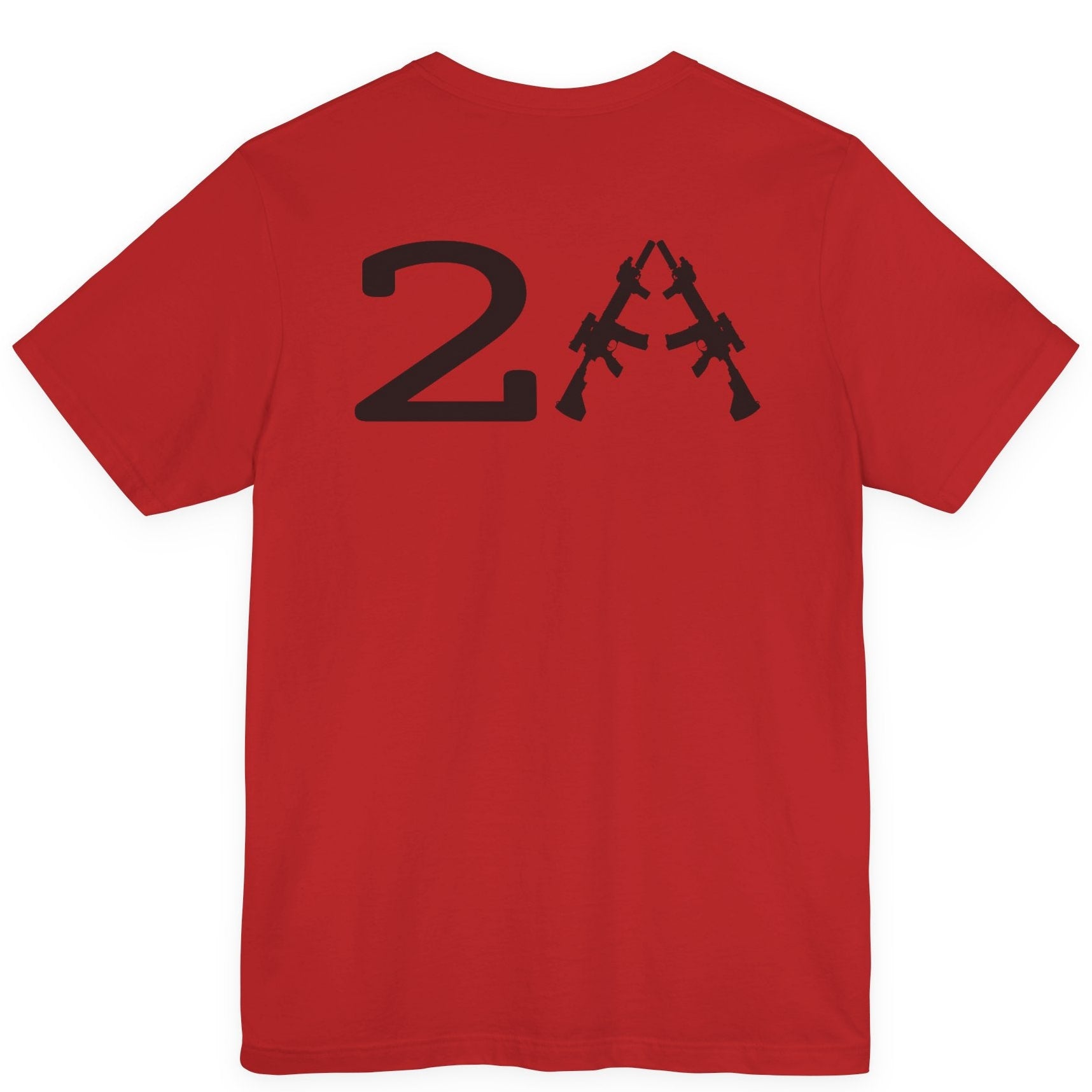 rear view of a patriotic a red colored fabric shirt with americantees.us logo on front and 2A on the back with stacked rifles forming the A