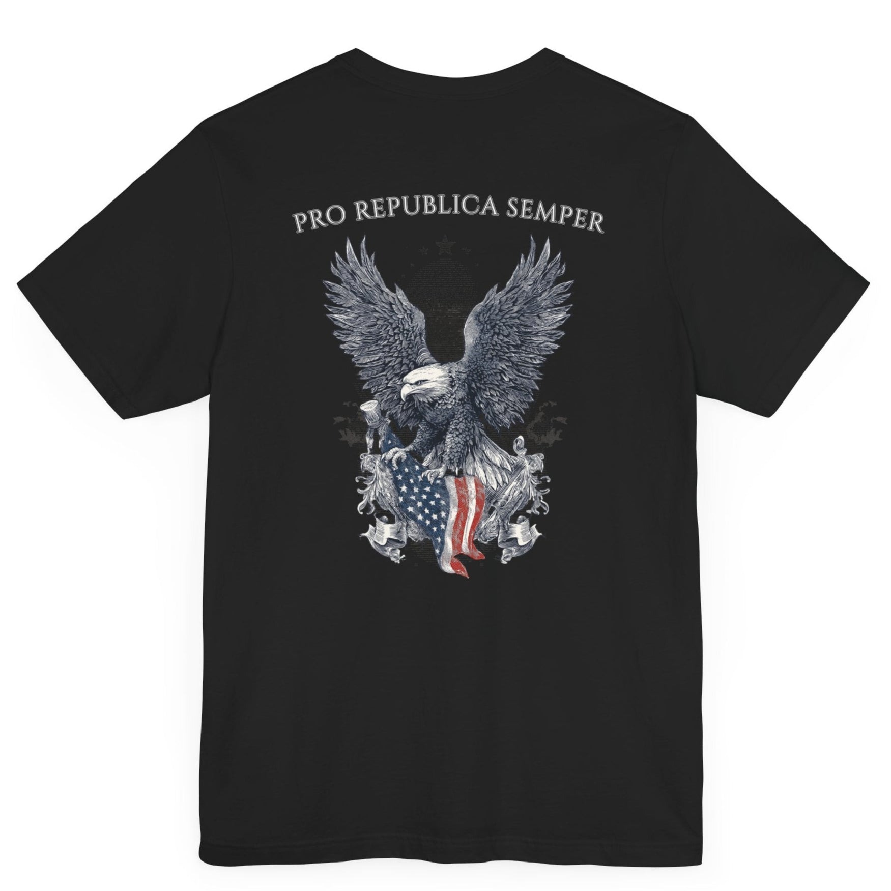 Patriotic Shirts Pro Libertas Semper Flag Eagle Tee, black, back side, featuring a bold eagle clutching an American flag with scrollwork on a unisex 100% cotton shirt, ideal for American pride