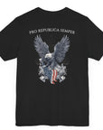 Patriotic Shirts Pro Libertas Semper Flag Eagle Tee, black, back side, featuring a bold eagle clutching an American flag with scrollwork on a unisex 100% cotton shirt, ideal for American pride