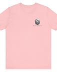front view of a pink colored fabric patriotic shirt with an americantees.us logo on front and the great seal of the united states on the back