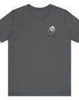front view of an asphalt colored fabric patriotic shirt with americantees.us logo on front and American flag in shape of a Christian cross with pledge of allegiance surrounding image on back
