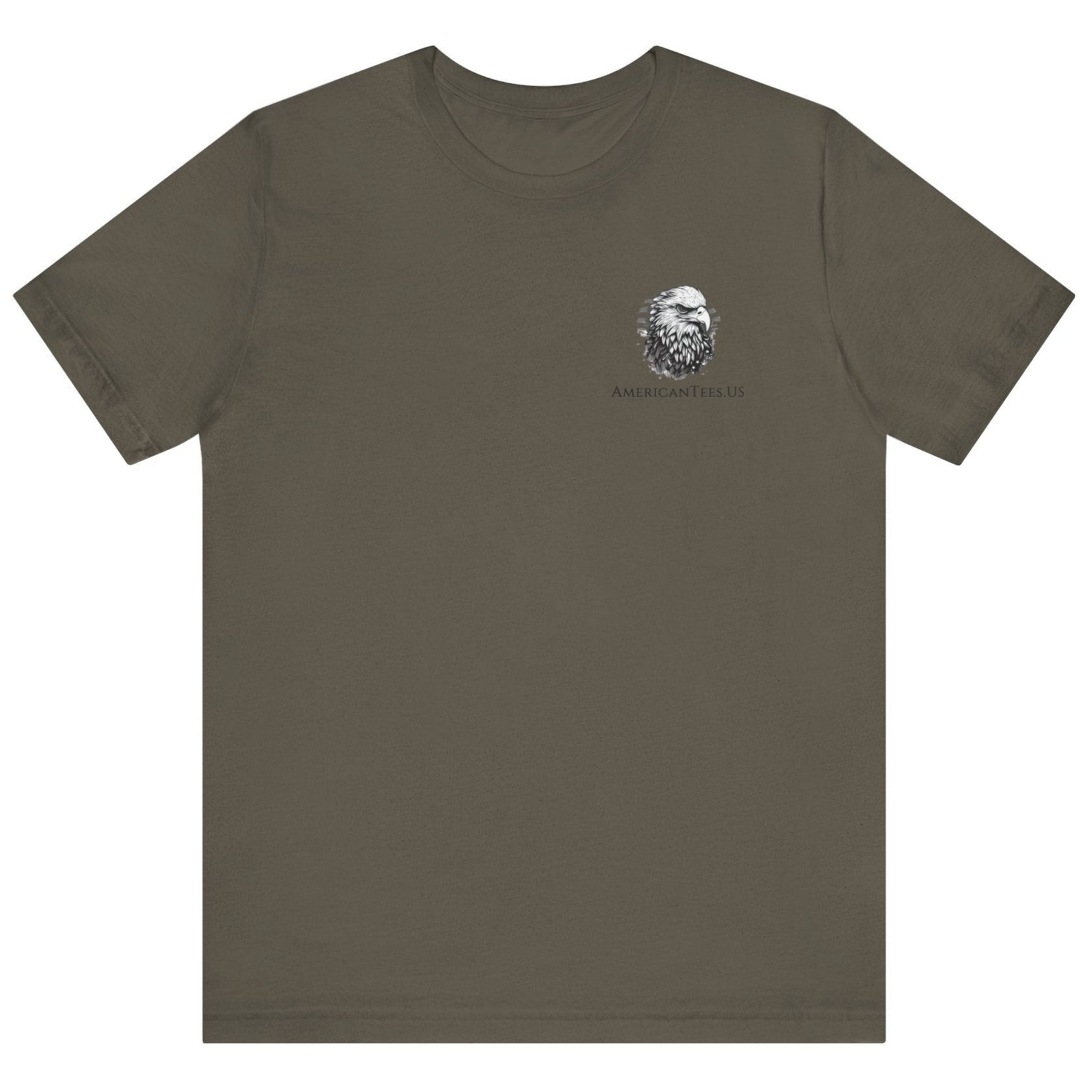 front view of a patriotic army green colored fabric shirt with americantees.us logo on front and 2A on the back with stacked rifles forming the A