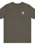 front view of a patriotic army green colored fabric shirt with americantees.us logo on front and 2A on the back with stacked rifles forming the A