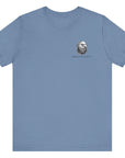 front view of a steel blue colored fabric shirt with americantees.us logo on front and betsy ross flag with the phrase give me liberty or give me death and 1776 on the back