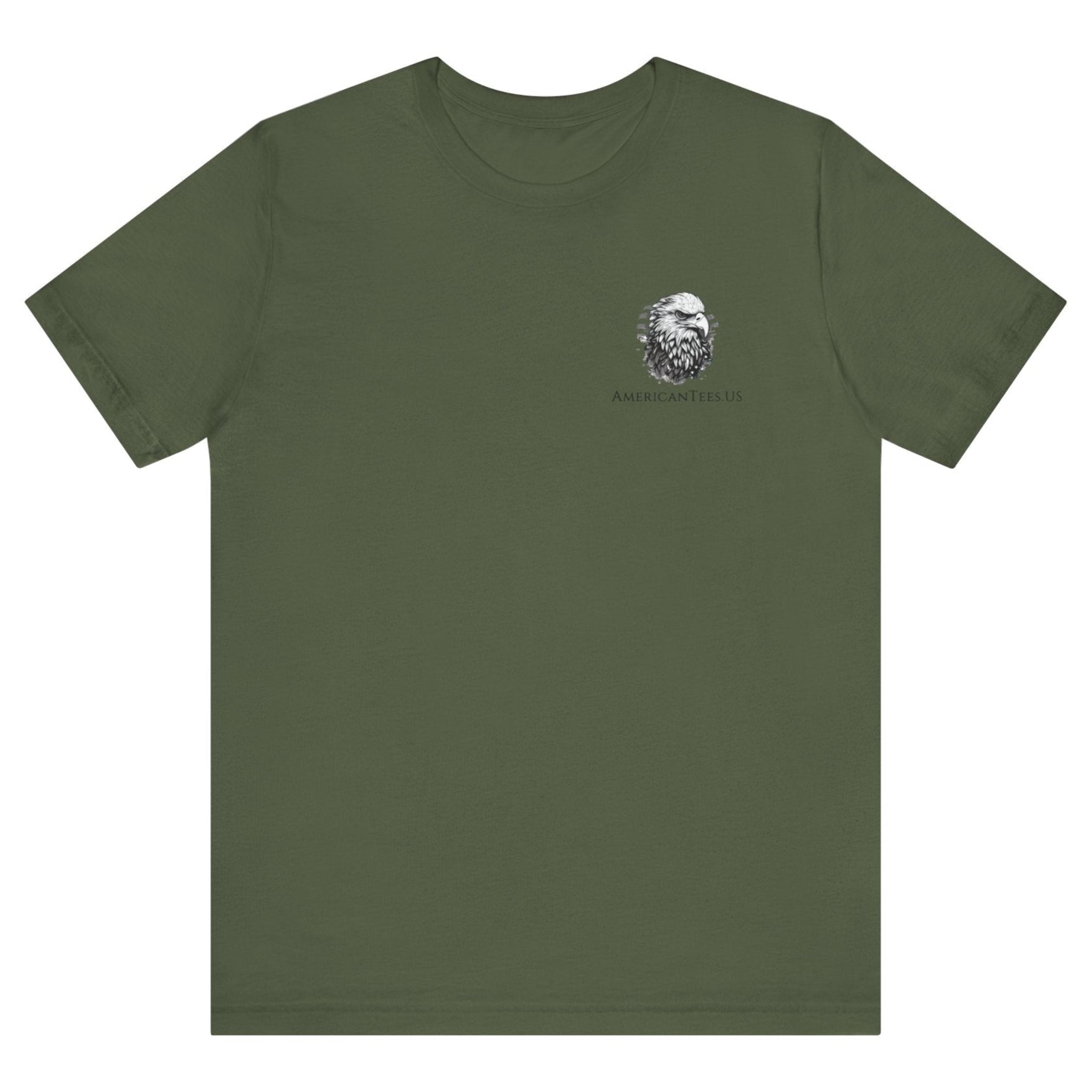Patriotic Shirts Libertas Semper Eagle Flag Tee flat lay, military green colorfeaturing an eagle and American flag with scrollwork on a unisex 100% cotton shirt, ideal for American pride
